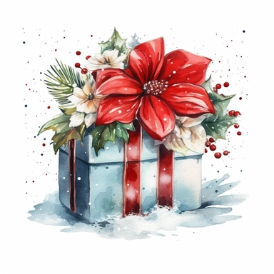 Christmas gift box watercolor illustration. Clipart element on white background
