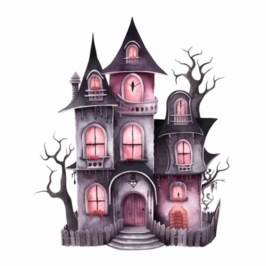 Halloween scary house, dark pink and gray color, watercolor, clipart, illustration, white background