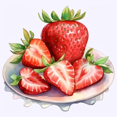 An Strawberry fruit with a slice cut out, placed on a plate or tray with other fruits or desserts , Watercolor, pastels, clipart, beautiful, colourfull, png transparent white background, high resolution, no caption q4 s2
