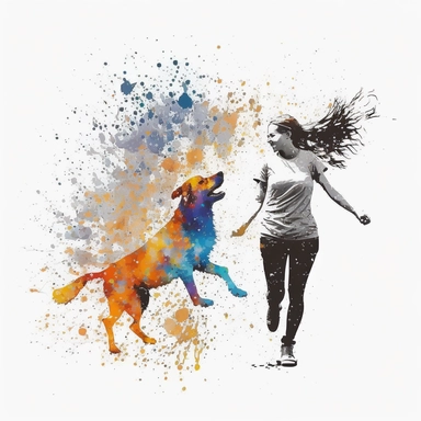 girl with dog dancing Watercolor Clipart, drip effect, clean white background, 16K Colors, clean white background
