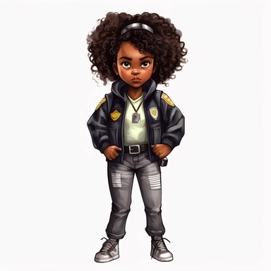 Cool cute black kid police, cool police clothes, female black girl, watercolor style, clipart solid white background