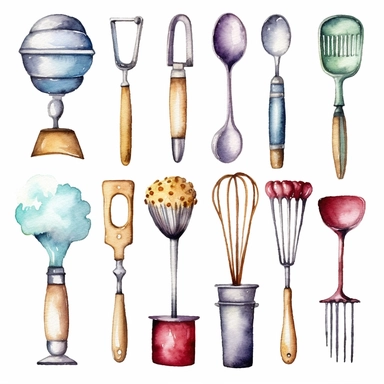 Watercolor kitchen utensils clipart for bakery decoration white background