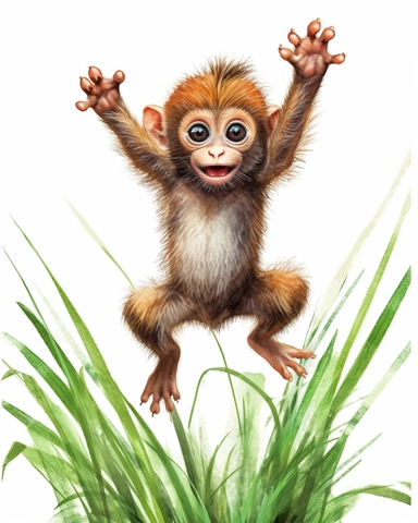 detailed watercolor Baby Monkey jumping on grass , hyper realistic, isolated on a white background, clipart