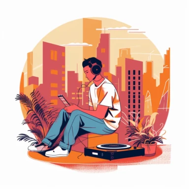 Clip art of city pop style,record player, Young man listening to music with headphones, Illustration background is white