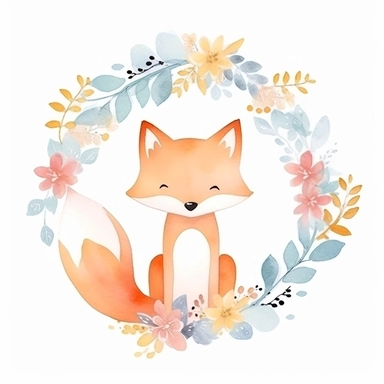 cute fox in a dainty floral wreath, magical, kids art, clipart, isolated white background, 8k