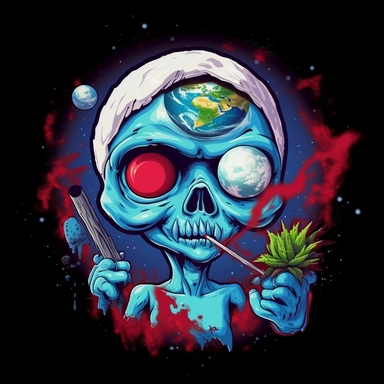 clipart , weed painting, bong, blunt, blue and white smoke background, in space, sitting on a planet, red eyes