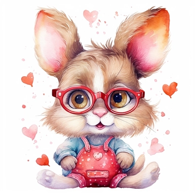 clipart, Watercolor funny bunny in glasses, portrait, childlike innocence and charm, big and adorable eyes, cute and charming expression, funny and floppy ears, rosy cheeks, shy bunny, foreboding colors, valentines day themed cute, around the bunny there are lovely hearts