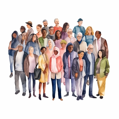 watercolor, Portrait of diverse people standing together Group men and women of different nationalities and ages isolated. United of various generations. Social diversity or population png Full body realistic cartoon in 32K UHD cute. 15 cm thick outline. Black color. There was no shadow on the ground. 8k with realistic watercolors and detailed illustrations. PNG clipart, transparent white background