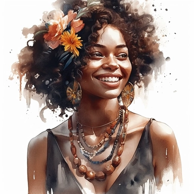 Glamorous and romantic beautiful dark-skinned girl with short curly black wearing beautiful boho jewelry, isolated on the white background, detailed, very realistic, translucent, delicate, with a bouquet of flowers, smiling, laughing, happy, delicate colors, golden hour, fashion photography, watercolor clipart - - ar 3: 2 - - no watermarks, no text