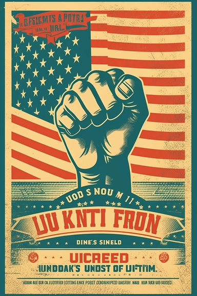 Flyer design for a Labor Union in the United States. The flyer should prominently feature a vector clipart of a construction worker positioned in the center raising his fist, with generous space above and below the image. The overall design should evoke an inviting and trustworthy atmosphere. The main focus of the image should convey the concept of the American Dream being built by dedicated workers. The color scheme should be welcoming, neutral, and approachable, appealing to a diverse audience