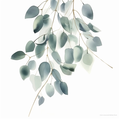 eucalyptus leaves in watercolor on the background, clipart, fall, flat lay, single twig, in the style of light green and silver, suspended/hanging, glossy finish, subtle surface decoration, comfycore, floral accents, danish design, watercolor illustration, aquarrellist, white background