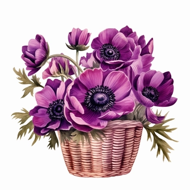 dark Magenta anemone flower bunch, watercolor, clipart, highly detailed, HD, flower bunch in a basket