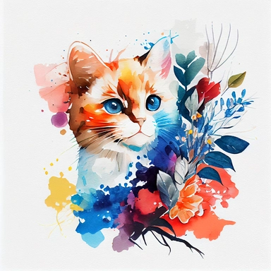 flower different color, funny cute cat different colors with blue eyes, Watercolor Clipart , chuppycat, background white