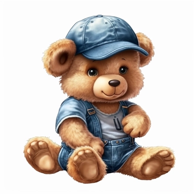 Teddy, a cute little teddy bear with soft brown fur, h teddy has a friendly smile wearing blue jean overalls with blue shirt and baseball cap in the style of multiple active poses clip art