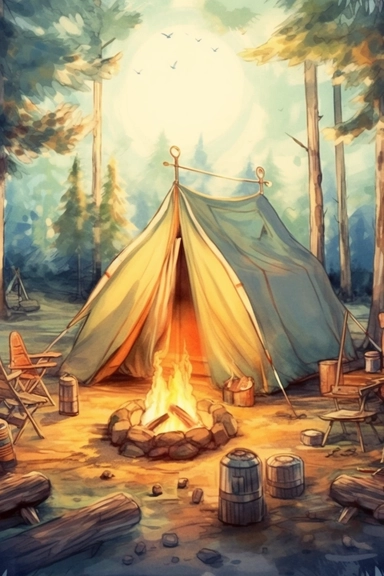 create a hand drawn watercolor clipart depicting campfire surrounded by tent, camping gear, and people enjoying the warmth of the fire, 4k,