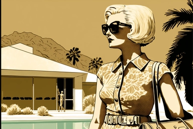 letraset clipart of a the backside of beautiful wealthy elegant 45 year old woman standing with her back to us, holding designer purse in front of a midcentury brutalist house swimming pool in palm springs, 1960's, happy, friendly, sunglasses, washingtonia palms, low camera angle, pool