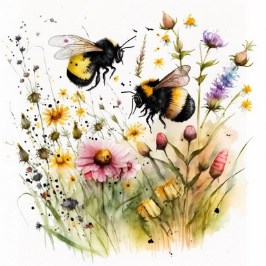 watercolor clip art bumble bees and flowers in a field