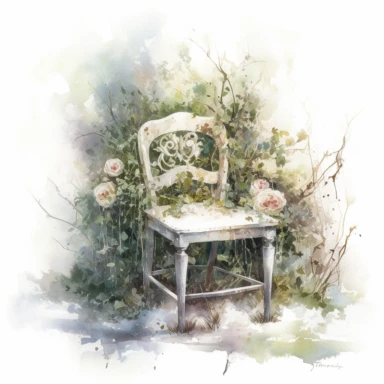 isolated on white illustration watercolor art of a white little chair inside the garden, overgrown with white and light pink roses and flowers, covered with snow and ice, a lot of moss and branches, masterpiece by Tomasz Alen Kopera style and by Carl Holsoe style and by Hannah Dale style and by Alexander Jansson style, Baroque Architecture, PNG clipart, isolated on white, white background, extreme photorealistic details, 32k HD resolution, realistic high detailization high resolution