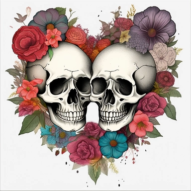 Heart of Skulls and Flowers Sublimation Clipart, Clipart, white background, no watermark, no text, no word,