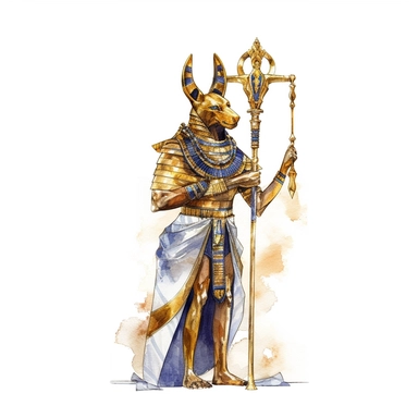 Ancient Egypt Style Gold Anubis Statue holding gold crook with watercolor effect,suitable for digital clipart,white background,Egyptian scene