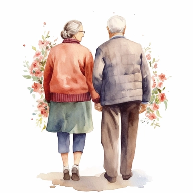 a heartwarming watercolor clipart image with a white background, featuring cute sweet extremely happy elderly couple from the back