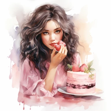 girl woman eating cake with rhubarb watercolor clipart