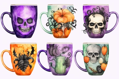 halloween coffee mug, purple, black green, orange, watercolor clipart