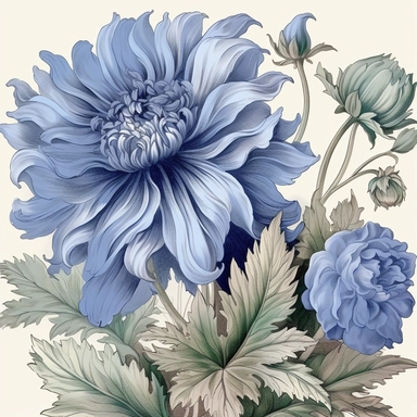 An illustration of blue flower clipart, reminiscent of the delicate and intricate botanical drawings by Beatrix Potter. Exquisite blue blossoms, meticulously rendered with fine details and graceful lines. The flowers exude a sense of elegance and serenity, capturing the beauty of nature. Cool color temperature enhances the calming atmosphere. Soft, diffused lighting adds a touch of softness, highlighting the delicate petals.