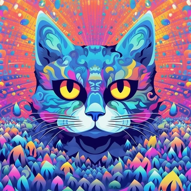 cat in cats dreams pattern psychedelic clipart, not touching edges with white background, colorful, galaxy shape, flying saurcers, no text, neon texture, magic mushrooms, pixel-perfect in alex grey style