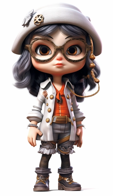 cute Chinese little girl as One blindfolded pirate, Cute Beautiful 3d, Is Standing Full body Vector Sublimation Clipart, Cartoon, dominant white, grey, orange, hyper realistic, intricate detail, illustration style, high solution, on the white background
