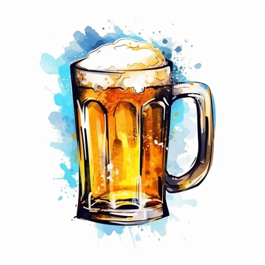 one cup of beer clipart on a white background, in the style of ink wash painter, light azure and dark amber, light amber and silver, light gold and light amber, luminous 3d objects , no watermark, text, 300 DPI , typography, shapes do not stick together, no text in the picture, on a white background