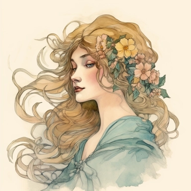 from shoulders up full head shot fantasy art nouveau style demure princess looking away and head pointed slightly upwards with flowers cascading down her long flowing hair all the way to her shoulders in a classical early 20th century portrait painting style watercolor clipart no words no fonts no letters