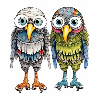 Funny colorful cartoon two eagles air battles like a pompon clipart with big beautiful eyes and long beautiful legs, distinct fine details, watercolor technique, black contour lines