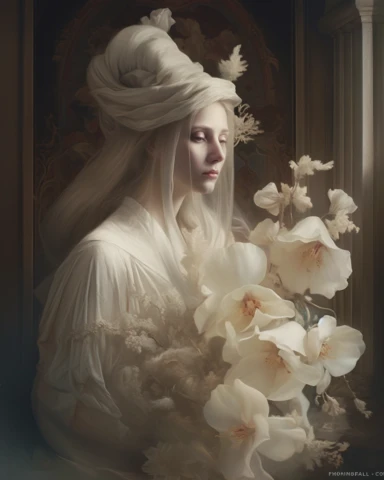 old Painting of White translucent Victorian woman ghost ethereal, in the background Victorian manor house, single beautiful Hibiscus head FLOWER on white background Flemish Baroque by Rachel Ruysch, Behance, Rococo, Intricate Detailed, Soft Light Effect, Oil Paint Strokes, Light Academia Aesthetic Flowers, Lighting cinematic, all shown shimmering stamens, tyndall light, light effect, texture, colorful, 8k, fantasy, ray tracing, depth of field, vivid, spectacular lighting, octane rendering, highl