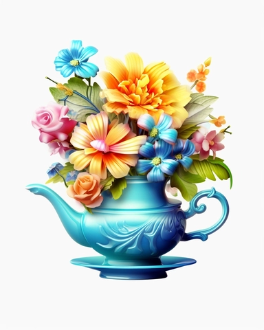 Vintage Flowers Tea Cup and Pot 3d sublimation Clipart, blue-green cup, shine a little, colorful Flower, Retro Flower, Rainbow Color, highly detailed, white background 8k