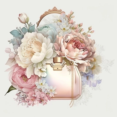 fashion composition with flowers, designer purse, designer parfum girly, lace, colorful, iridescent, elegant, glamor, sophisticated, atmosphere, white background, clipart