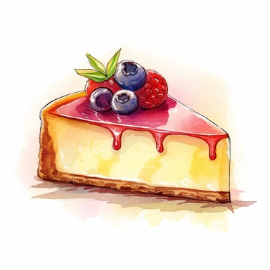 watercolor, hand drawn cheesecake in a bakery case clipart, hd, white background, spaced out--ar 3:2