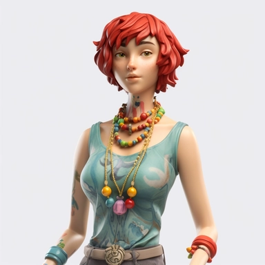 3D rendered IP figure upper body, female, cartoon, medium to short hair, playful, color contrast clothing and ear clips and necklaces, white background, clay material, rich colors, studio lighting, 16k, hyperfine details