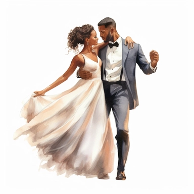 watercolor, drawing, illustration of the bride and groom, dark-skinned couple, wedding dance, clipart, high resolution format, photorealistic, 3D. 4K