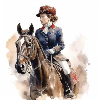 Princess Anne in her riding gear, with a focus on her love for equestrian activities, Clipart, watercolor, white background, intricate detail.