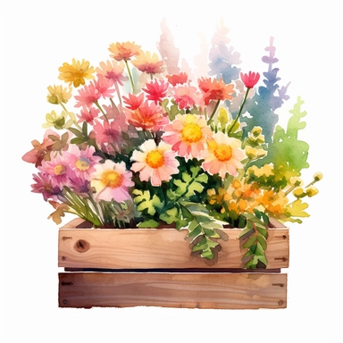 clipart, a watercolor painting of a wooden flower box filled with beautiful flowers and plants, in the style of yanjun cheng, colorful animations, rough clusters, clean and simple designs, leica cl, warm color palettes, colorful washes, white background--ar 34:33