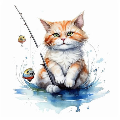 Cute Beautiful Funny Cat Fishing Big Fish Watercolor Sublimation Clipart,Cartoon,hyper realistic, intricate detail, illustration style,high solution,on the white background
