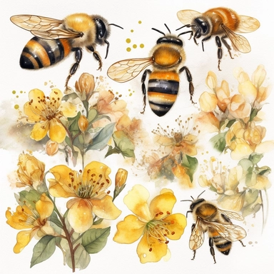 A charming watercolor honey bee clipart capturing the beauty of spring garden bees, delicate honey bee painted in warm tones of yellow and black, fuzzy body and translucent wings are depicted with intricate details, hovers near a cluster of blooming spring flowers, painted in vibrant and harmonious colors, soft and dreamy atmosphere, each illustration focuses on the exquisite details of the honey bee, white background, no text