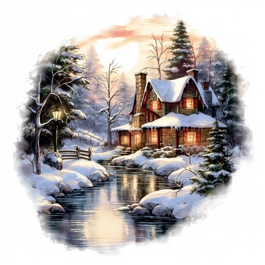 Christmas eve, style by Thomas Kinkade, watercolor, smooth gradients, black contour outline, ultra detailed, clipart elements, vibrant colors, solid white background, super clear, high quality