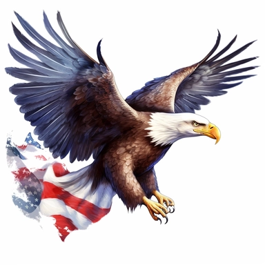 flying bald eagle with american flag in his talons, clip art, white background