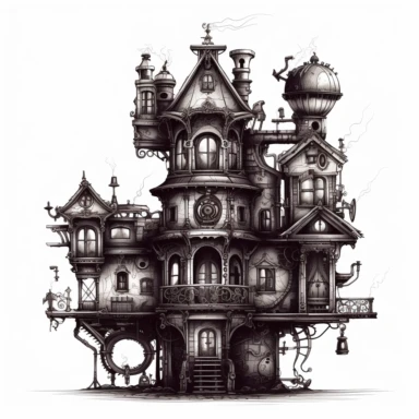 scary horror Steampunk one house Clipart, Retro Futuristic Victorian Era Art, white background