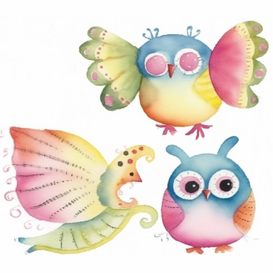 4 cute whimsical owls, simplified, doodled by a child, folk art, watercolor texture, soft brush strokes, clipart on white background, high resolution, free margins