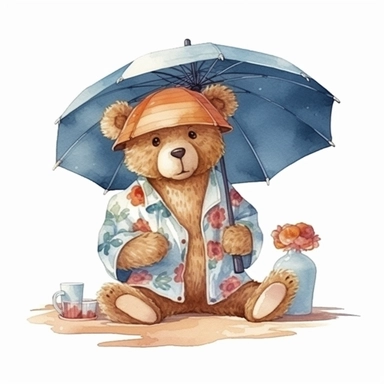 Teddy Bear Clipart sitting in beachwear with umbrellas, professional gouache hand-painted illustration, gentle, isolated against white background, 8k