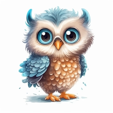 happy cute baby owl, full body, hand draw Illustration clipart, 4K, extremely detailed