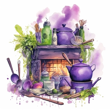 whimsical medieval witches kitchen watercolor clipart in purple green ingredients, cauldron, fireplace, herbs, candles, broom, chaotic